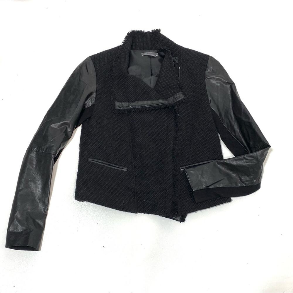 Vince Boucle Wool Moto Scuba Lamb Leather Sleeve Motorcycle Jacket Black S